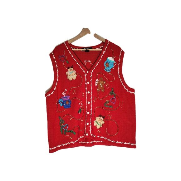 Vtg PLANET COMPANY Christmas Sweater Vest 3X Embroidered Gingerbread Beaded - Picture 1 of 9